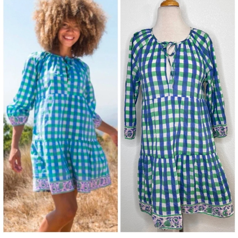 SZ Print Gingham Tiered Mini Dress Tassel Neck Green Blue Boho Tuckernuck M